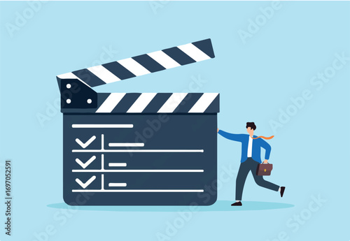 Flat illustration of businessman with action plan clapperboard checklist strategic planning execution productivity and workflow management in business projects