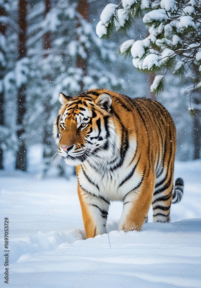 Obraz premium Majestic Tiger Stalks Through a Winter Wonderland, Snow-Kissed and Regal