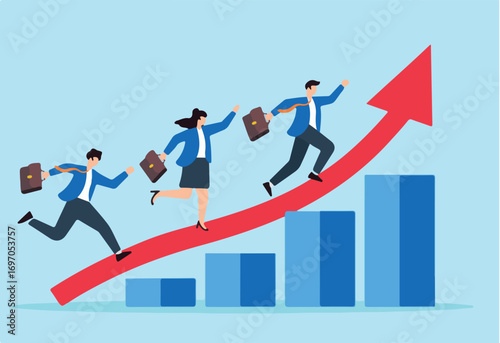  Flat illustration of business people run on growth arrow up chart symbolizing teamwork and career success