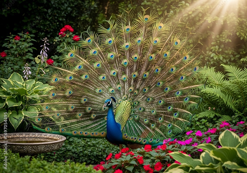 Obraz premium A magnificent peacock displays its vibrant, fanned tail feathers amidst a lush, sun-dappled garden bursting with colorful flowers and foliage