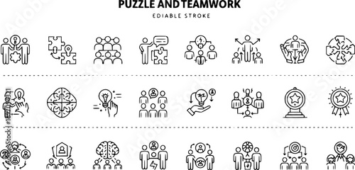 Puzzle and teamwork icon set. Thin line editable stroke icons for solution finding, collaboration, integration, ideas, innovation, strategy, and shared goals
