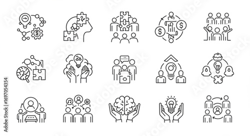 Puzzle and teamwork icon set. Thin line editable stroke icons for solution finding, collaboration, integration, ideas, innovation, strategy, and shared goals
