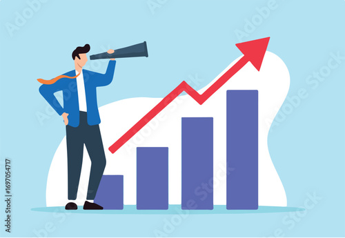 Flat illustration of businessman looks through telescope at growth chart diagram forecasting economic increase business profit grow investment earning improvement