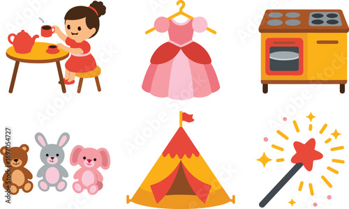 Vibrant Playtime Icons Set Featuring Girl, Dress, Kitchen, Toys, Tent, and Wand