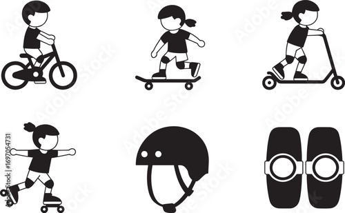 Active Lifestyle Black and White Icons Set Featuring Cycling, Skateboarding, and Rollerblading