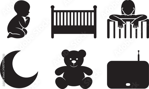 Baby and Nursery Icons Set Featuring Crib, Teddy Bear, Moon, and Mother Silhouette