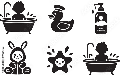 Baby Bathing Icons Vector Illustration Child Hygiene Items Collection Duck Shampoo Bathtub