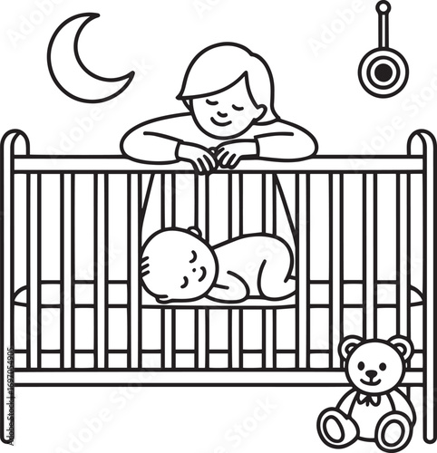 Baby Sleeping Peacefully in Crib with Mother Watching Over and Teddy Bear Nearby