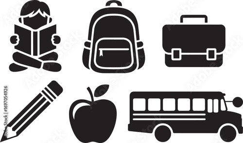 Back to School Essentials Vector Illustration Featuring Student, Backpack, Briefcase, Pencil, Apple, Bus