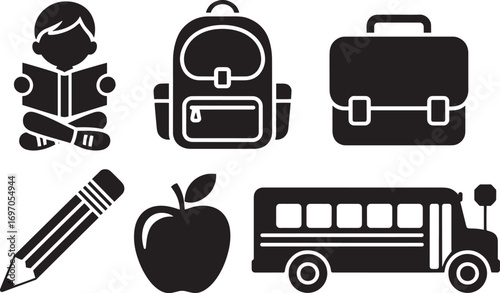 Back to School Essentials Vector Set Featuring Student, Backpack, Briefcase, Pencil, Apple, Bus Icon