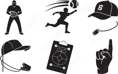 Baseball Team Coaching Staff Silhouette Illustration Featuring Players, Gear, and Strategy