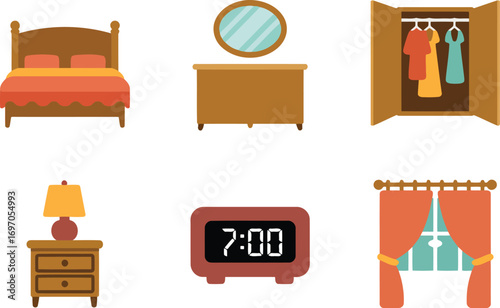Bedroom Furniture Vector Illustration Bedside Table Wardrobe Mirror Interior Design