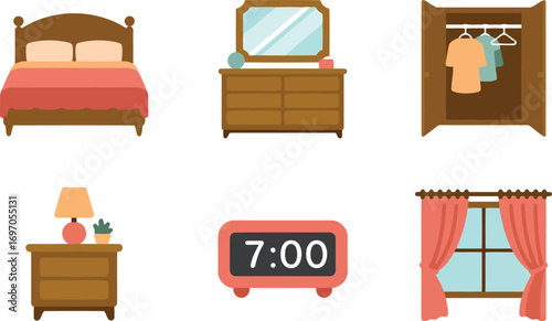 Cozy Bedroom Interior Illustration with Bed, Dresser, Wardrobe, Nightstand, Clock, and Window
