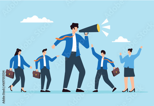 Flat illustration of businessman leader with megaphone guide team toward success motivating them to achieve goals