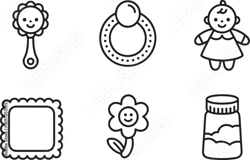 Delightful Baby Icons Set Featuring Rattle, Ring Toy, Doll, Frame, Flower, and Bottle Outlines