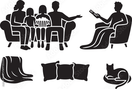 Family Leisure Icons Set Depicting People on Sofa, Watching TV, Relaxing, and a Cat Companion