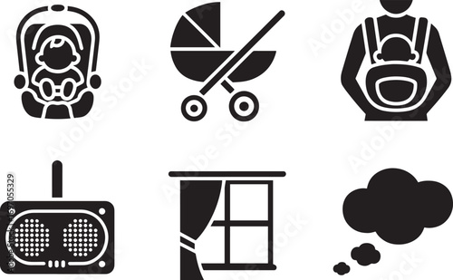 Family Life Icons Set Depicting Baby Car Seat, Stroller, Baby Carrier, Monitor, Window, and Cloud