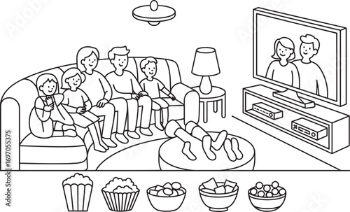 Family Time Illustration Featuring Couch, Television, and Snacks for Entertainment