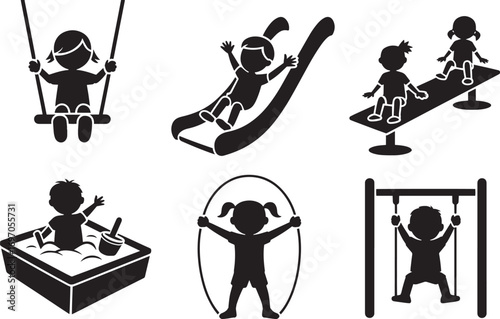 Silhouette Collection of Children Playing on Playground Equipment in Various Poses and Activities