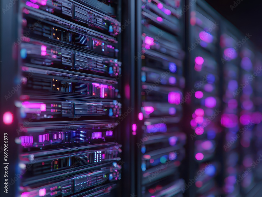 Naklejka premium Stack of Servers Glowing with Purple and Pink Lights
