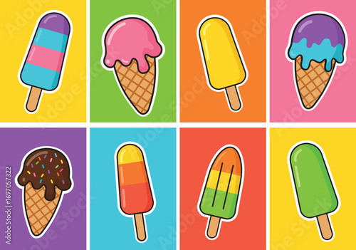 Colorful Ice Cream and Popsicle Illustration Set Fun and vibrant design perfect for children’s prints, summer posters, food packaging, stickers, and digital projects.
