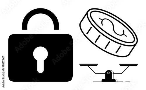 Black lock symbolizing security, coin depicting wealth, and balanced scale indicating fairness. Ideal for finance, security, justice, balance, trust protection and simplicity themes. Simple flat