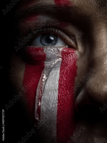 Close-up human face, portrait with painted national flag of peru , with tears flowing from eyes. Patriotism, passion, and striking national identity,  national tragedy, accident, catastrophe concept.