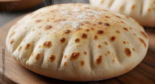 Freshly Baked Pita Bread on Wooden Board: A close-up shot of a freshly baked, perfectly puffed pita bread, still warm with steam, resting on a rustic wooden board, ready for delicious pairing.