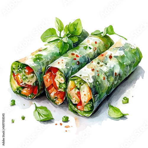Spring Rolls, watercolor illustration vector, isolated on a white background.