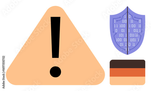 Large exclamation mark in triangle, binary-coded shield, and data card. Ideal for cybersecurity, IT security, data protection, alerts, risk management online safety and digital threats. Simplistic