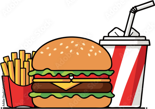 Delicious Burger, Fries, and Soda Pop Illustration A Tempting Fast Food Meal