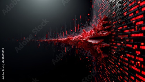 Corrupted data breaking through digital wall