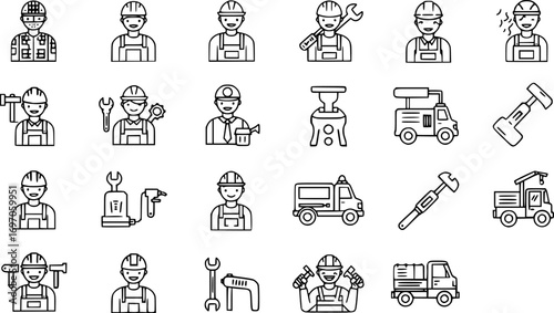 Blue collar jobs icon set. Thin line editable stroke icons for skilled trades, manual labor, essential workers, industry, public services, and field operations