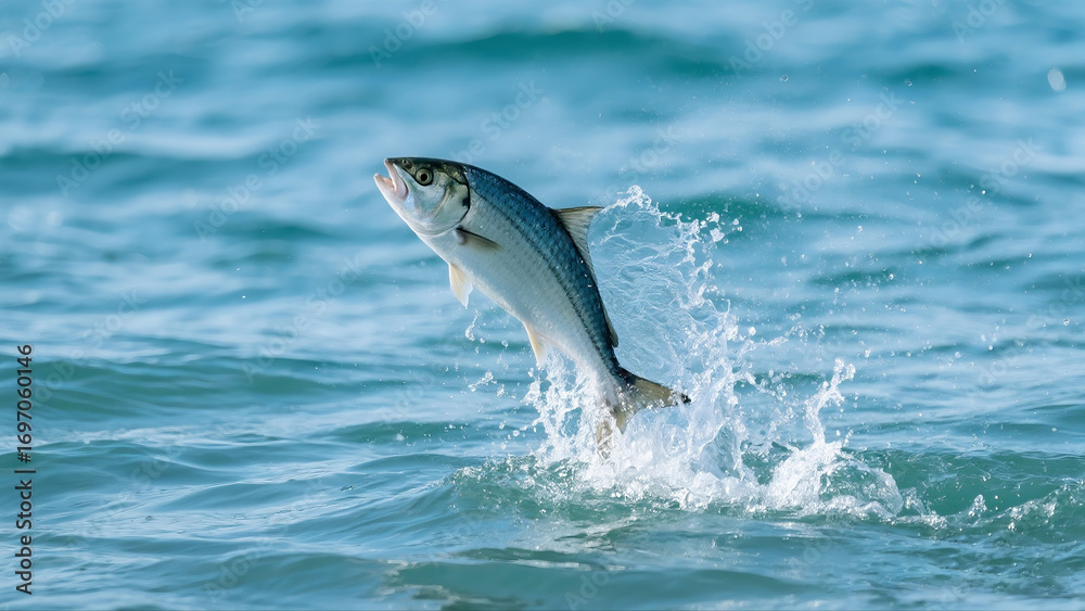 Fototapeta premium A fish leaps energetically out of the ocean, surrounded by splashing water. The sunlit sea extends to the horizon under a clear blue sky.
