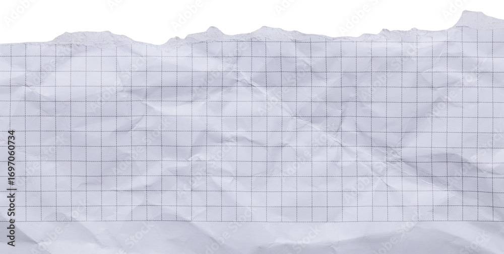 Obraz premium Torn edge of white crumpled paper with black grid, blank template wrinkly background with copy space
