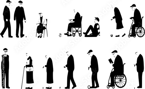 Elderly People Silhouettes set | Senior Citizen Vector Illustrations in Daily Life Poses

