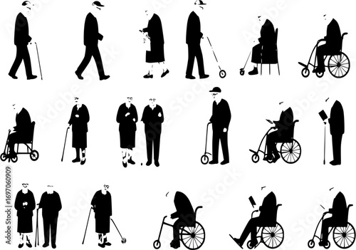 Elderly People Silhouettes set | Senior Citizen Vector Illustrations in Daily Life Poses
