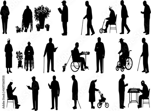 Elderly People Silhouettes set | Senior Citizen Vector Illustrations in Daily Life Poses
