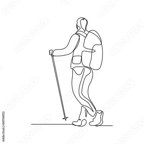Continuous line drawing of woman traveling backpack. Single one line art of woman hiking on top of mountain. Vector illustration editable stroke