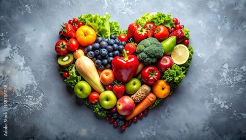 Heart-shaped display made of fresh fruits and vegetables on a textured background