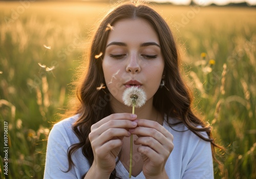 Woman Blowing Dandelion Seeds in a Golden Field