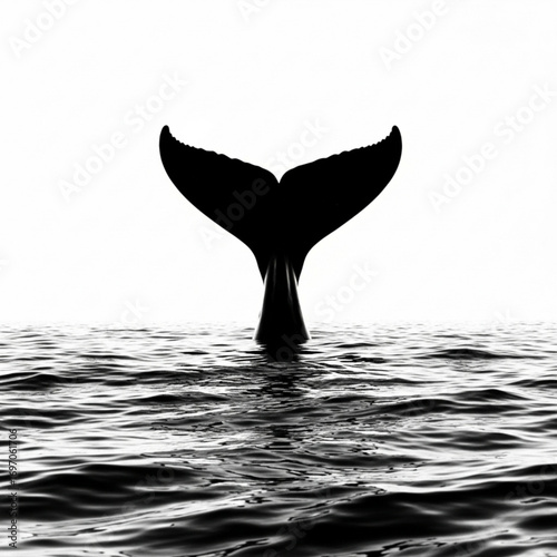 A whale tail breaches the surface of the ocean in a striking black and white composition that is dramatic created with generative ai
