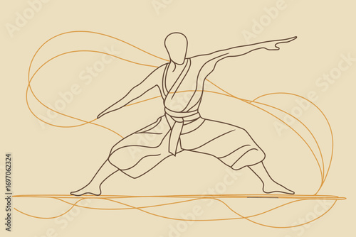 The concept of mastering martial art sport is captured in a dynamic single-line draw design, featuring a young and talented karateka in a training pose for a duel at a modern dojo gym center