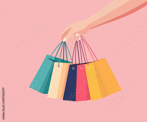 Trendy and minimalist concept of shopping, sales, or delivery, depicted as a bright colored hand holding shopping bags, isolated on a pink background, designed for banners or promotional use on