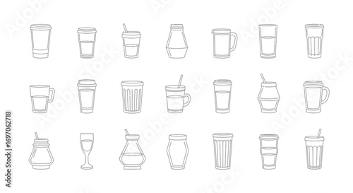 Vector Icons Set of A diverse collection of beverage cups and mugs line art icons set isolated on a white background. EPS Editable