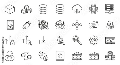 Vector Icons Set of Big Data and Cloud Computing Technology Line Icon Set. EPS Editable