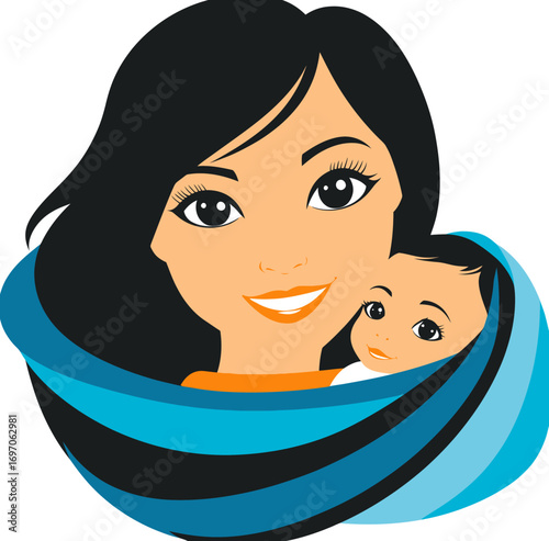 A woman gently holds her newborn baby, as illustrated in a cartoon design. The image represents health, care, and maternity parenting, and is set against a white background in a modern flat style