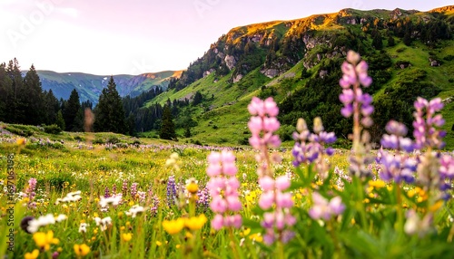 Fototapeta Naklejka Na Ścianę i Meble -  Lush meadow bursting with wildflowers at mountain base, golden light