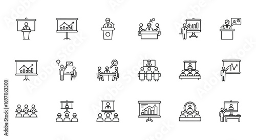 Vector Icons Set of Business Presentation Conference and Meeting Thin Line Icon Set. EPS Editable