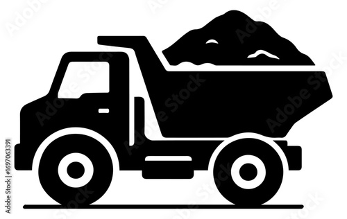 Black and white illustration of the badge of a large truck with a folding body loaded with earth in a minimalist style on a white isolated background. Vector graphics. EPS.